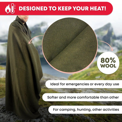 Person wrapped in Warm Fire Retardant Wool Blanket For Camping And Hunting Olive Drab Green 66 By 90 Inches 80 Percent Wool