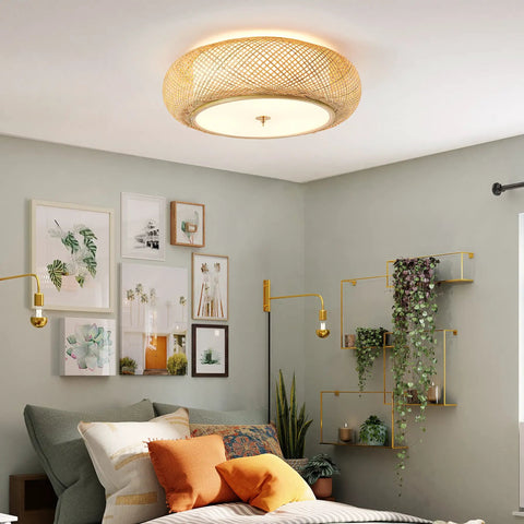 Handwoven Rattan Flush Mount Ceiling Light With Three E26 Bulbs In Dope Boho Style For Bedroom Entryway And Foyer 15 Inch Drum Lamp