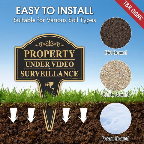 Heavy Duty Property Under Video Surveillance Sign For Outdoor Yard Warning 2 Pack 14 By 10 Inch Rust Free Aluminum Plate in soil types