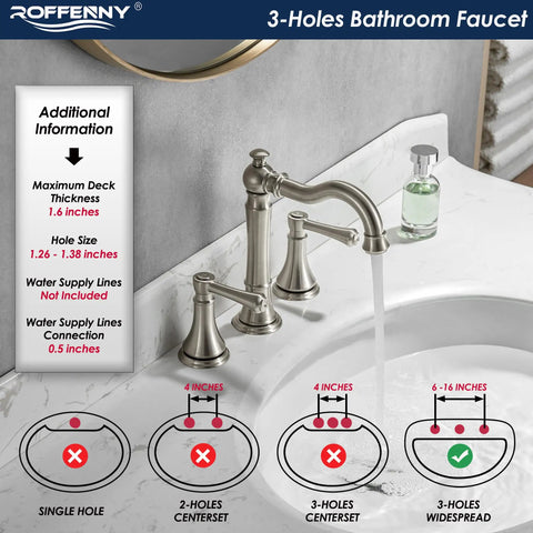 Brushed Nickel 2-Handle Bathroom Faucet 8 Inch Widespread for 3 Holes With Plastic Pop Up Drain Classic Vanity Sink Faucet High Arc 360 Degree Swivel Brass Spout Lead Free Ceramic Disc 1.2 GPM Water Saving Easy Install