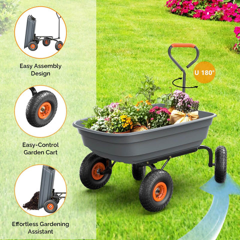Heavy Duty Dump Cart Wagon With Quick Release Dump, gray cart with 10 inch tires, filled with flowers on grass, 600 lb capacity