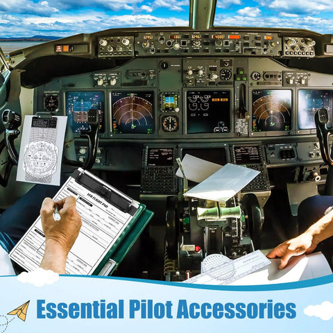 All In One Pilot Kit For VFR Flight Planning With E6B Flight Computer, Aluminum Kneeboard, cockpit view with accessories