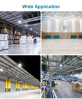 LED High Bay Light 300W Two Pack 5000K UFO LED High Bay Lamps 30000 Lumens With US Plug And 5ft Cable IP65 Waterproof Lighting shown in warehouse and gym