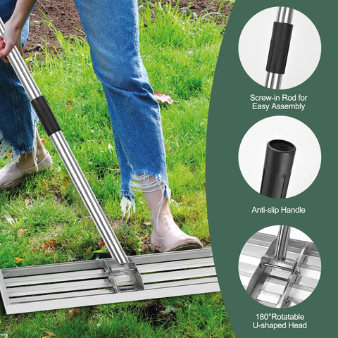Person using Lawn Leveling Rake With 76 Inch Handle, Stainless Steel Ground Leveler on grass with ergonomic non-slip grip.