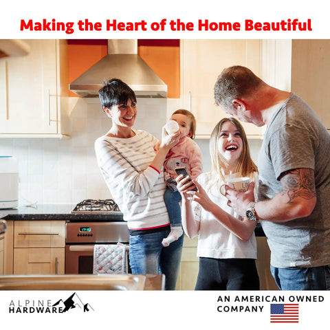 Family enjoying time together in a modern kitchen with stainless steel appliances and Alpine Hardware branding.
