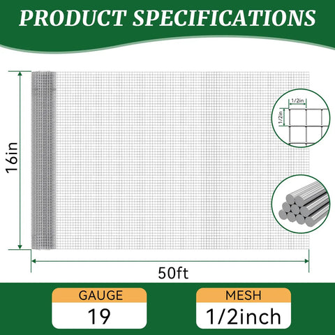 16 Inch By 50 Foot 19 Gauge Hardware Cloth With 1/2 Inch Mesh Galvanized Chicken Wire Fence specifications chart