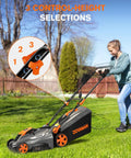Person using Corded Lawn Mower With 16 Inch Cut And 13 Amp Motor Five Height Settings Easy Vertical Fold Storage Two In One
