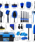 All In One 36 Piece Car Detailing Kit with drill brushes, interior exterior cleaning tools, wheel and tire brushes, and storage box