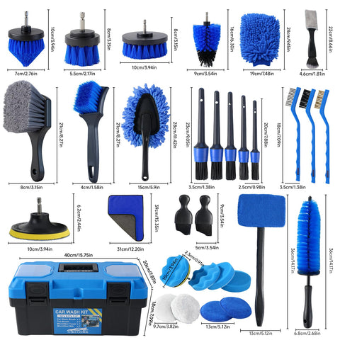 All In One 36 Piece Car Detailing Kit with drill brushes, interior exterior cleaning tools, wheel and tire brushes, and storage box