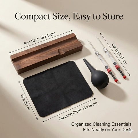 All In One Fountain Pen Care Kit With Black Walnut Pen Rest Two Ink Filling Tools Premium Cleaning Cloth And Rubber Cleaning Bulb