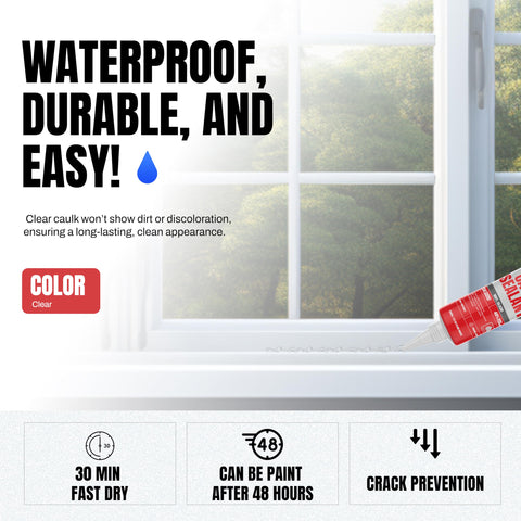 Clear Silicone Caulk Sealant For Kitchen And Bathroom, Waterproof And Crack Proof, Indoor Outdoor Use, 150 Ml Tube, shrink free application on window frame.