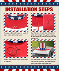 Installation steps for Patriotic Fourth Of July Giant Hat Golf Cart Decoration Set with tinsel, star ribbons, and suction cups.