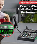 6-Channel Audio Mixer With Bluetooth DJ Controller, DSP Effects, USB MP3 Player, PC Recording, XLR And 1/4 Inch Mic Inputs on table