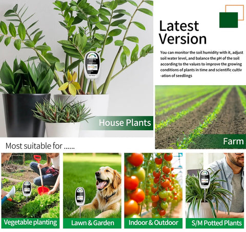 2 In 1 Soil Moisture And pH Meter With Dual Dial Readouts For Garden Lawn Farm Indoor Outdoor Plants Simultaneous Moisture And pH Testing Easy To Read Displays And Quick Results in use with house plants and various gardens.