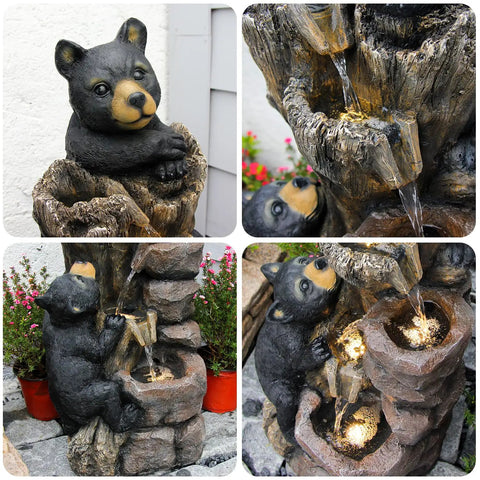 40.16 Inch High Five Tier Outdoor Bear Water Fountain With Two Black Bears Climbing A Tree For Garden Patio Yard Decor