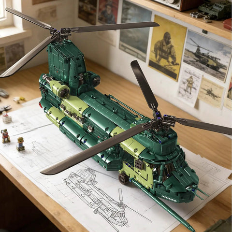 Motorized Military Helicopter Building Blocks Kit With 1826 Pieces Remote Control Rotor Army Airplane Model on desk.