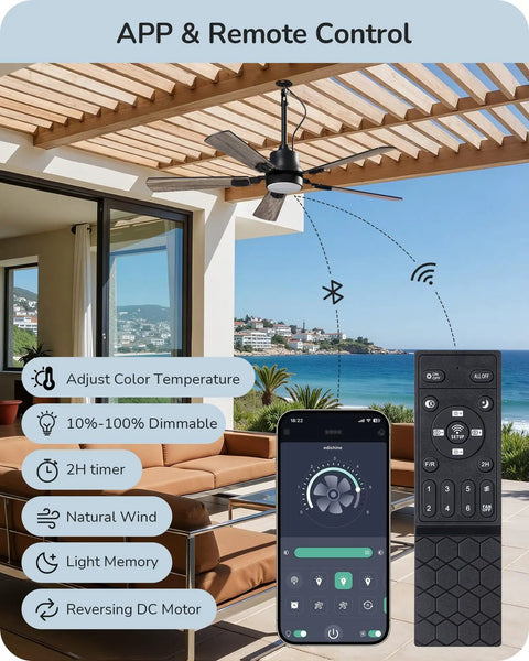 52 Inch Outdoor Ceiling Fan With Light Built For The Outdoors For Covered Patios And Gazebos IP66 Waterproof, app and remote shown