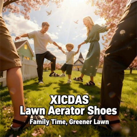 Family wearing Lawn Aerator Shoes With 26 Steel Spikes Pre Assembled For Quick Yard Care playing on grass