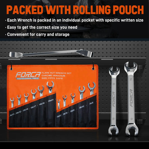 Flare Nut Wrench Set 11-Piece With Organizer Pouch For Auto Repair And DIY, wrenches displayed in roll-up pouch with size labels.