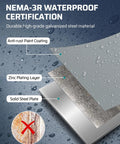 Weatherproof Outdoor Outlet Box With Dual 20 Amp GFCI Outlets For Yard And Patio, All Metal Weather-Resistant Housing With Cover, ETL Certified For Safe Exterior Power Use. NEMA-3R steel layers