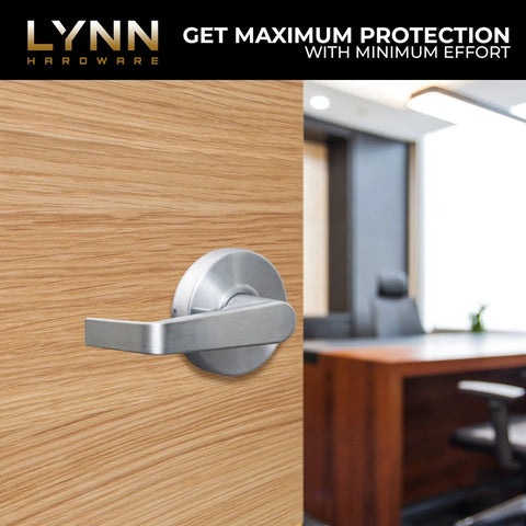 Privacy Bathroom Door Lock Lever Handle Set For Commercial Use in satin chrome on wooden door, office background.