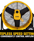 Beefy Workhorse 24 Inch Industrial Drum Fan with high velocity airflow, yellow metal floor fan with large wheels, 360 degree tilt.