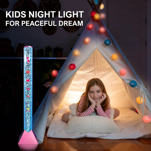 Bubble Floor Lamp With 7 Color Changing LED Mood Lights For Sensory Rooms Dope Ocean Vibe Water Tube Night Light 90cm Tall Golden Rose Base Cozy Gift For Kids Teens And Adults next to a glowing tent with child