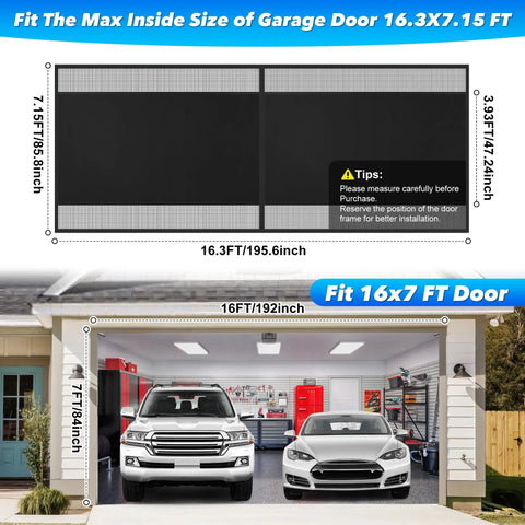 Diagram showing installation of Magnetic Privacy Garage Door Screen For Two Car Garage 16 By 7 Feet over open garage with cars.