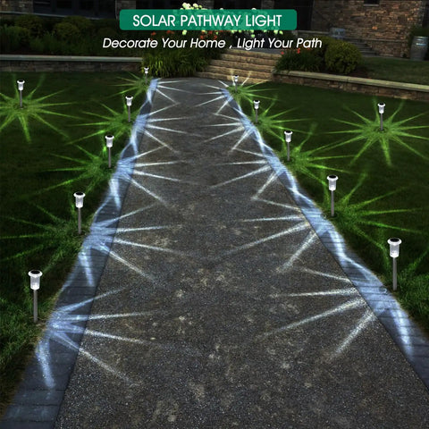 10 Pack Solar Powered Path Lights Waterproof Stainless Steel Stake Lights for garden walkway with cool white glow