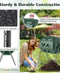 Outdoor 42 Gallon Dual Chamber Compost Tumbling Bin With 360 Degree Rotating Barrel Heavy Duty Metal Frame BPA Free Two Sliding Doors