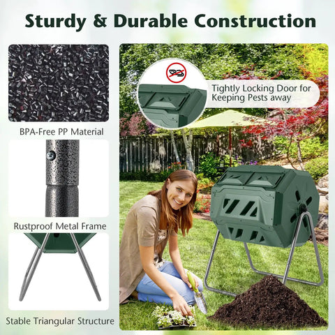 Outdoor 42 Gallon Dual Chamber Compost Tumbling Bin With 360 Degree Rotating Barrel Heavy Duty Metal Frame BPA Free Two Sliding Doors