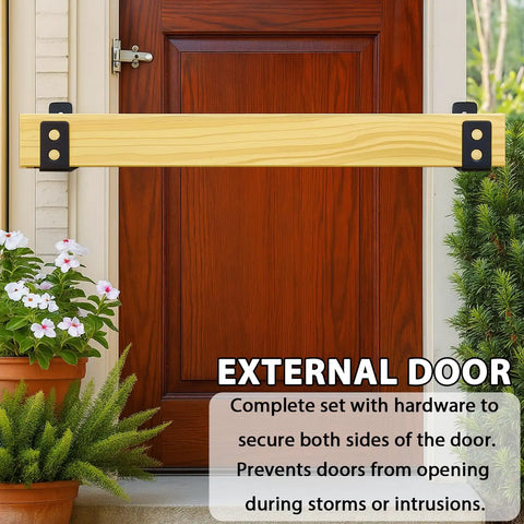 Heavy Duty 2x4 Door Barricade Brackets Kit With Screws And Anchors for home entry installed on wooden door.