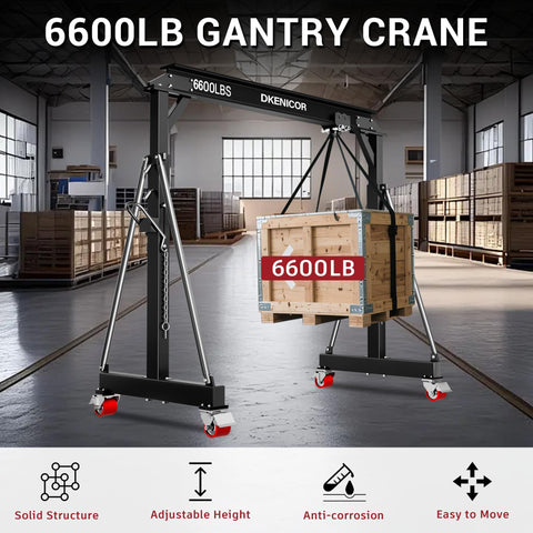 3 Ton Portable Gantry Crane With 8.53 Ft Wide Span And 8.53 To 12.47 Ft Adjustable Height Manual Trolley Lift System For Auto Shops Factories And Garages Heavy Duty Steel Construction Black lifting a wooden crate in a warehouse setting.