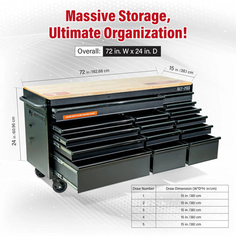 72 Inch Heavy Duty Mobile Tool Chest On Wheels With Solid Wood Top Workbench, 15 Drawer Rolling Tool Storage Organizer For Garage, Shop And Home Built Tough With A Durable Black Finish