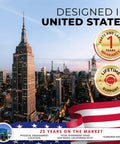 View of Manhattan skyline with warranty badge and American flag, promoting Ultra Fast Cash Counter With UV, MG And IR Counterfeit Detection.