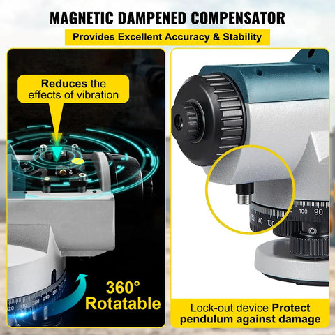 Close-up of Automatic Transit Level Kit With 24X Optical And 40mm Lens Magnetic Dampened Compensator with rotation indicator.