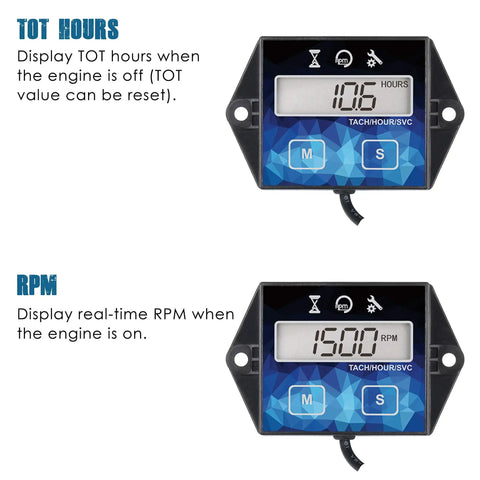 Keepin Tabs Digital Hour Meter With Tachometer And Maintenance Reminders showing TOT hours and RPM on display