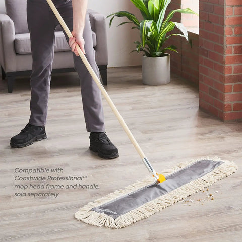 Heavy Duty Cut End Cotton Dust Mop Head For Commercial Tiles 36 Inch Wide Disposable Floor Care Tool For Stubborn Debris Cleanup in use.