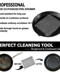 Cast Iron Scrubber With Stainless Steel Chainmail, 8x6 Inch Skillet Cleaner in a cast iron pan, highlighting cleaning effectiveness.