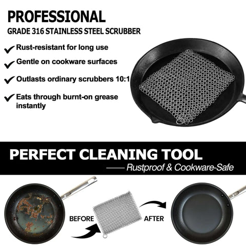 Cast Iron Scrubber With Stainless Steel Chainmail, 8x6 Inch Skillet Cleaner in a cast iron pan, highlighting cleaning effectiveness.