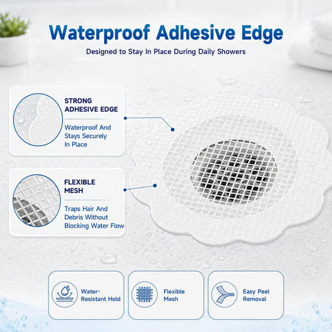 Super Slick Disposable Shower Drain Hair Catchers, 40 Pack Flower Mesh Grates With Strong Waterproof Tape, Easy Peel And Toss For No Drama Clog Defense On Showers And Sinks, featuring waterproof adhesive edge.