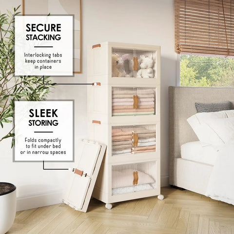 Large Capacity Stackable Storage Bins With Rollaway Wheels And Tight Seal Lids Open Front Structure Foldable Closet Tower For Quick Home Reset And No Fuss Room Refresh Essentials