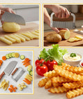 Patelai 2-pc wooden-handle crinkle cutter set, stainless steel wavy blades for potatoes and fries (collage views)