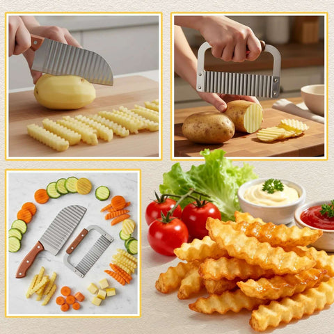 Patelai 2-pc wooden-handle crinkle cutter set, stainless steel wavy blades for potatoes and fries (collage views)
