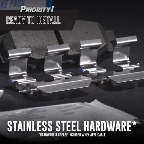 Close-up of Priority1 Ceramic Front Brake Pads OE Replacement set with stainless steel hardware for Hyundai and Kia models.