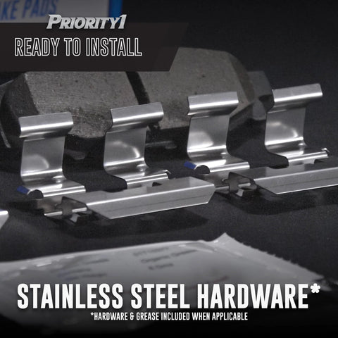 Close-up of Priority1 stainless steel brake pad hardware clips.