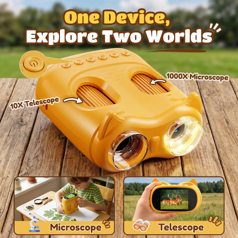 2 In 1 Digital Microscope And Telescope For Kids Portable USB STEM Toy 1000X Magnification And 10X Viewing, yellow plastic device