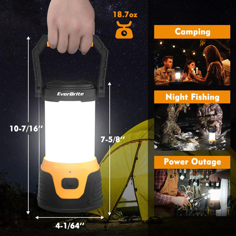 Rechargeable LED Camping Lantern With 1000 Lumens, Five Light Modes, And Memory Function shown with camping scenes