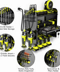 Power Tool Organizer Wall Mount With Drill Rack And Locking Drawers Heavy Duty Metal Tool Shelf For Garage Or Workshop Shed And Basement Built In 4 Outlet Charging Station Killer Gift For Men And Dads featuring organized tools, bit holder, drill mount, and charger on wall-mounted rack.