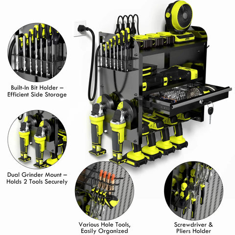 Power Tool Organizer Wall Mount With Drill Rack And Locking Drawers Heavy Duty Metal Tool Shelf For Garage Or Workshop Shed And Basement Built In 4 Outlet Charging Station Killer Gift For Men And Dads featuring organized tools, bit holder, drill mount, and charger on wall-mounted rack.